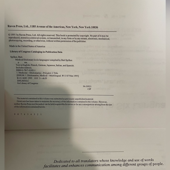 Medical Dictionary in Six Languages by Bert Spilker (1994, Hardcover) - Picture 6 of 6